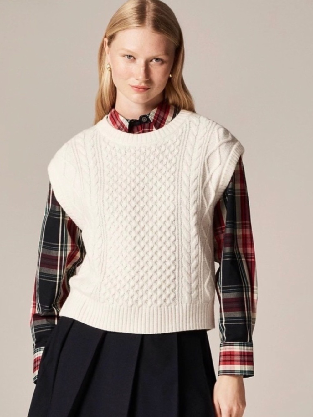 J. CREW Cable-Knit Women S Cream Shell Sweater Vest Academia Fisherman Lambswool